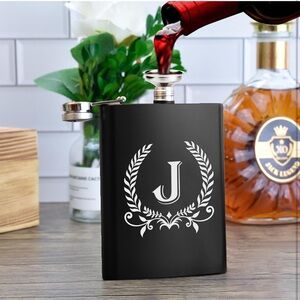 Elegant Black Flask with J  Silver Initial. NWT.